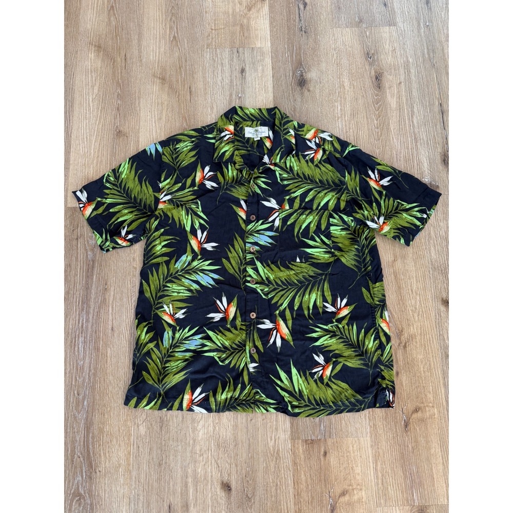 Island Shores Silk Hawaiian Shirt Mens L Black‎ Tropical Bird of Paradise Floral